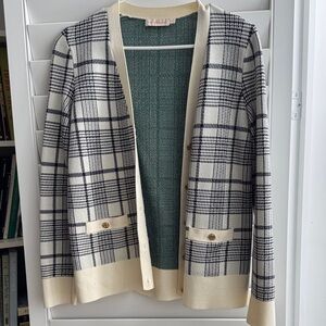 Tory Burch Navy Blue and Cream Plaid Cardigan